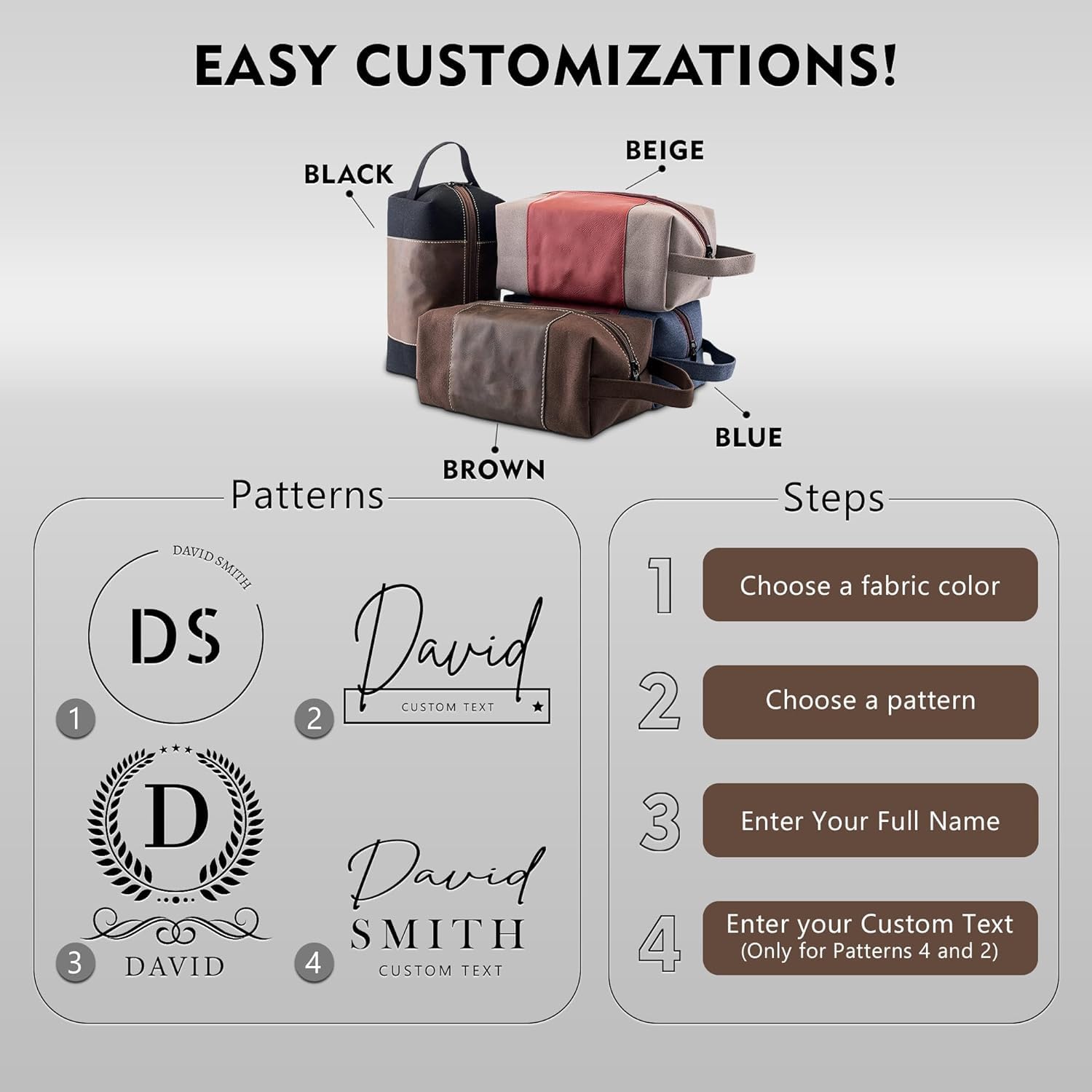 Neceser personalizado – Bolsa de viaje personalizada para artículos de aseo personal, organizador impermeable espacioso, ideal para hombres y regalos, Beige, Personalizable