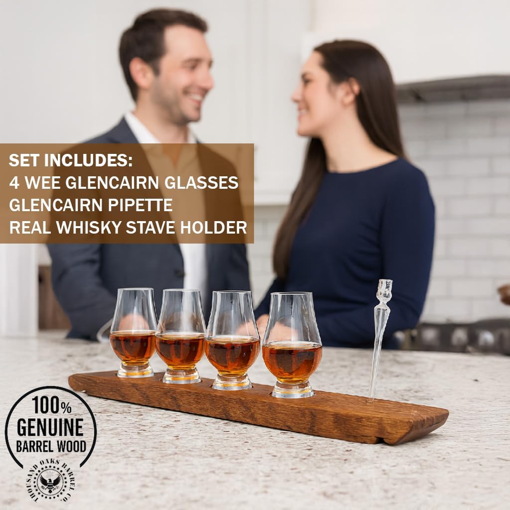 The Wee Glencairn Whiskey Flight Stave - Crystal Bourbon Glass Kit with Reclaimed Oak Barrel Stave Serving Tray, Mini Glen Cairn Whisky Glass Set of 4 & Whiskey Glass Pipettes Dropper