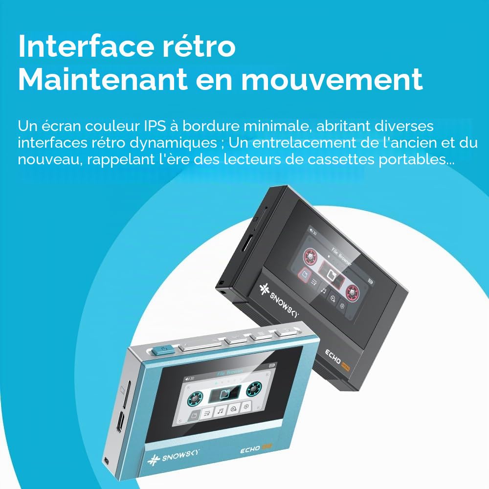 SnowSky/FiiO Echo Mini HiFi Lecteur MP3 Bluetooth, 15 heures de lecture, contrôle de volume indépendant avec sorties casque 3,5 mm/4,4 mm (Bleu Ciel)