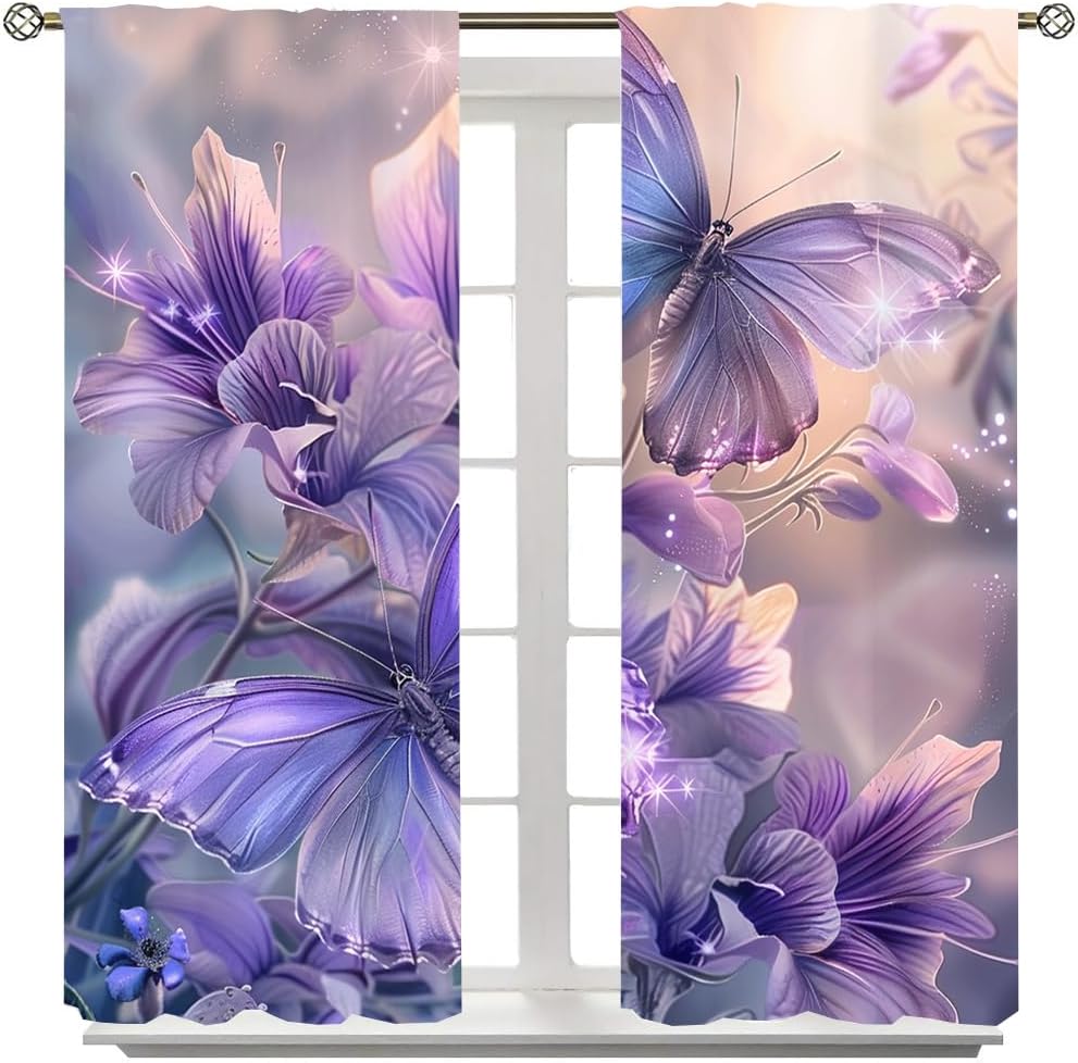 Brebasf Purple Floral Butterflies Blackout Curtain Watercolor Rustic Spring Purple Flowers Fly Butterfly Rod Pocket Window Thermal Insulating Drapes Decor for Bedroom Curtains 2 Panels 63" L x 21" W