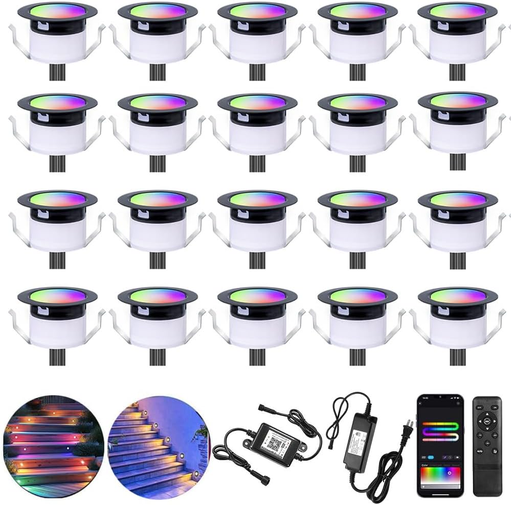 LED Deck Lights Kit, 20Pack 1.22″ Low Voltage WiFi RGBW+IC Multicolor Dynamic Recessed Deck Lighting Work with Alexa/Google Home, IP67 Waterproof 12V Step Lights Outdoor for Garden Yard Path Stairs LED Deck Lights Kit, 20Pack 1.22″ Low Voltage WiFi RGBW+IC Multicolor Dynamic Recessed Deck Lighting Work with Alexa/Google Home, IP67 Waterproof 12V Step Lights Outdoor for Garden Yard Path Stairs