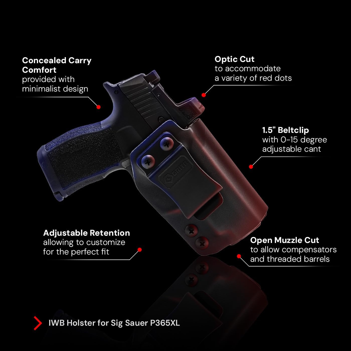 GRITR IWB Kydex Right Hand Gun Holster Fits Sig Sauer P365XL (P365, P365SAS, P365X) with 1.5" Belt Clip, Open Bottom, Optic Cut, Adjustable Retention,Black