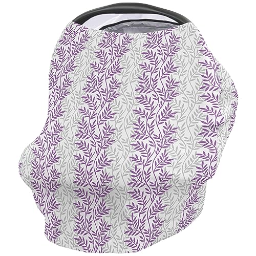 Nursing Cover for Breastfeeding Scarf, Purple and Grey Leaves Farm Baby Car Covers Super Soft Multi Use for Canopy Shopping Cart Cover Blanket Stroller Cover