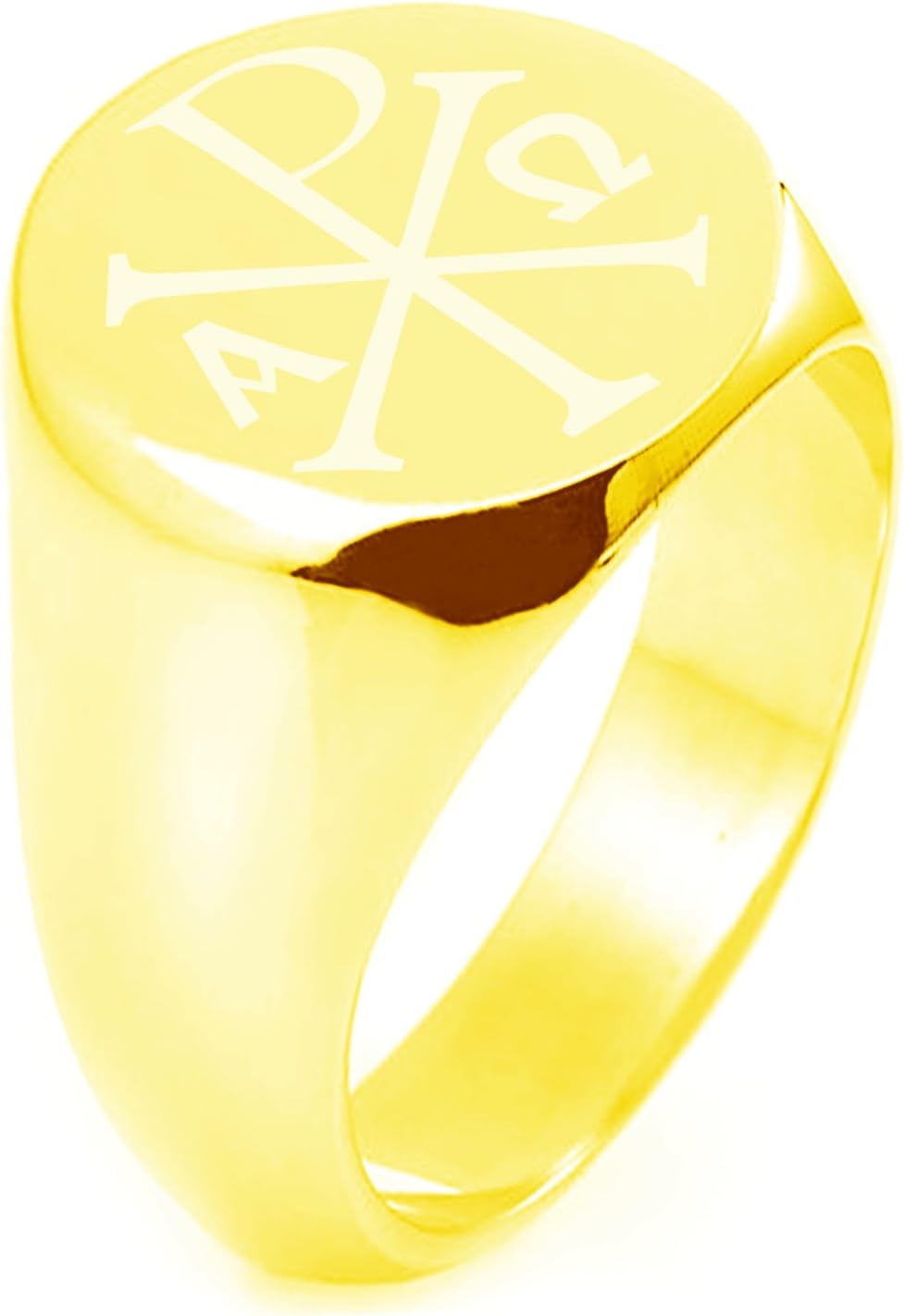 Gold Plated Sterling Silver Chi Rho Alpha Omega Engraved Round Flat Top Polished Ring, Size R 1/2