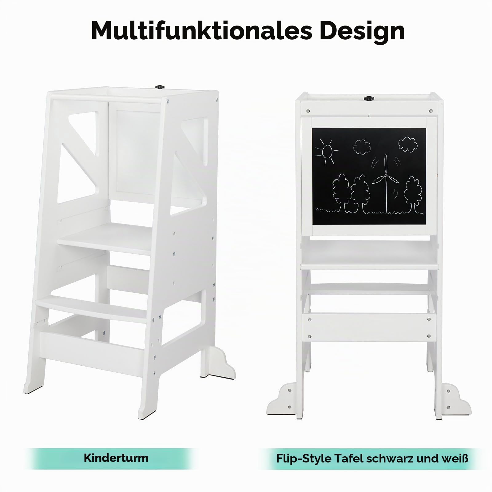 LEADZM Montessori Lernturm ab 18 Monaten – 2-in-1 höhenverstellbarer Learning Tower mit Tafel | Höchste Stabilität durch Festes Design & Massivholz für Küche, Bad und Kinderzimmer