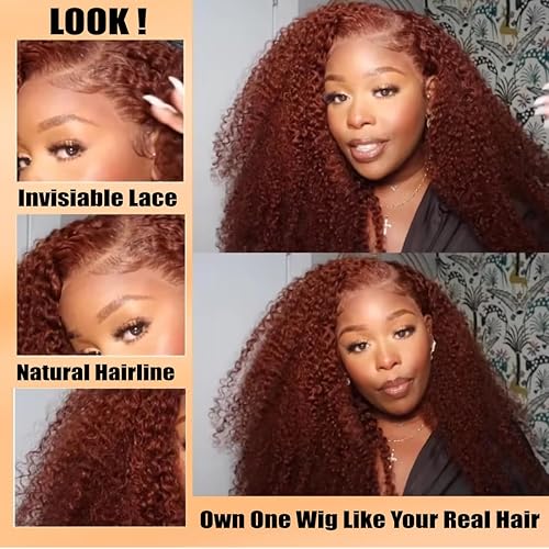 Miniatura 2 de Julia Hair Peluca de cabello humano rizado castaño rojizo 12A, encaje frontal HD de 13 x 4, pelucas rizadas de color rojo Cooper para mujeres