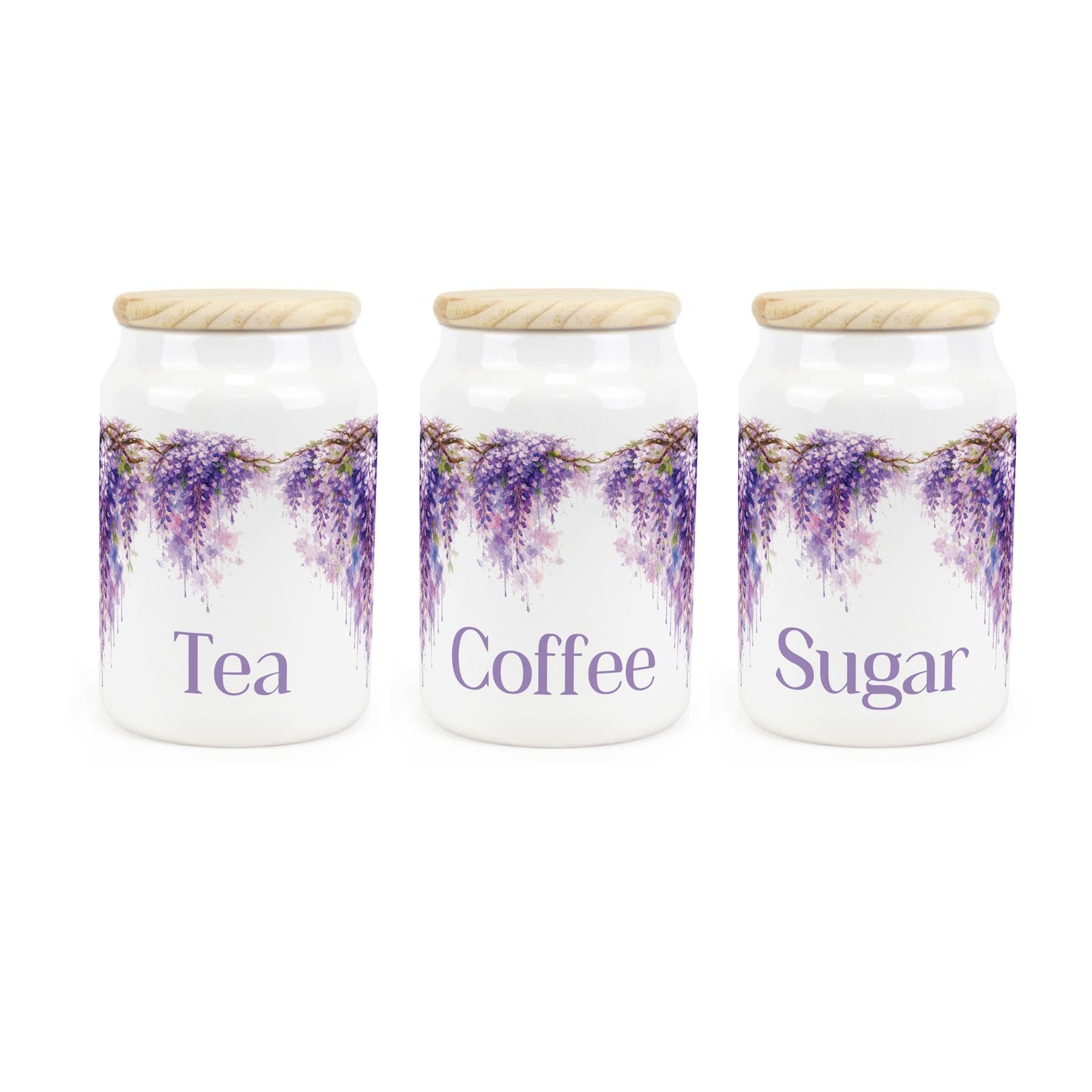 Purely Home Purple Wisteria Tea Coffee & Sugar Canister Set - Ceramic Kitchen Storage Containers with Wooden Lid 600ml (14.5cm x 9.5cm)