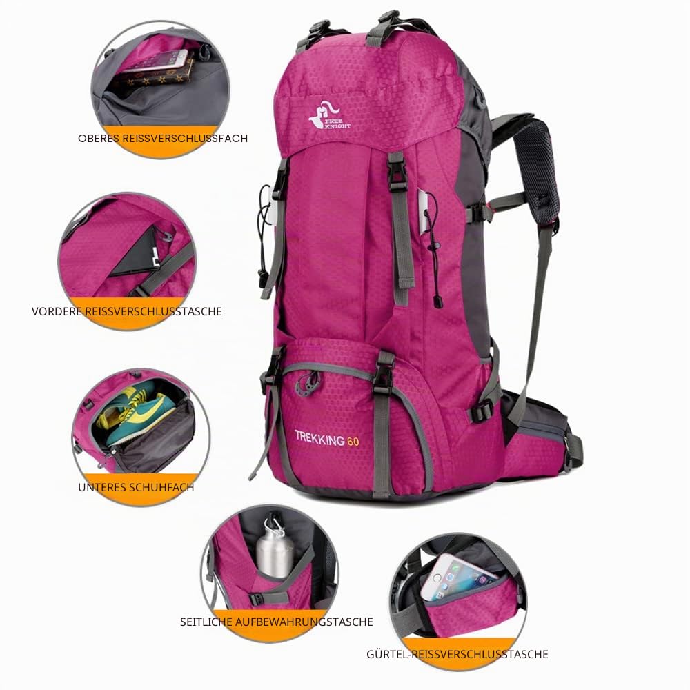 Bseash 60L Wasserdichter leichter Wanderrucksack mit Regenschutz, Outdoor Sport Tagesrucksack Multifunktions Reisetasche für Klettern Camping Reisen