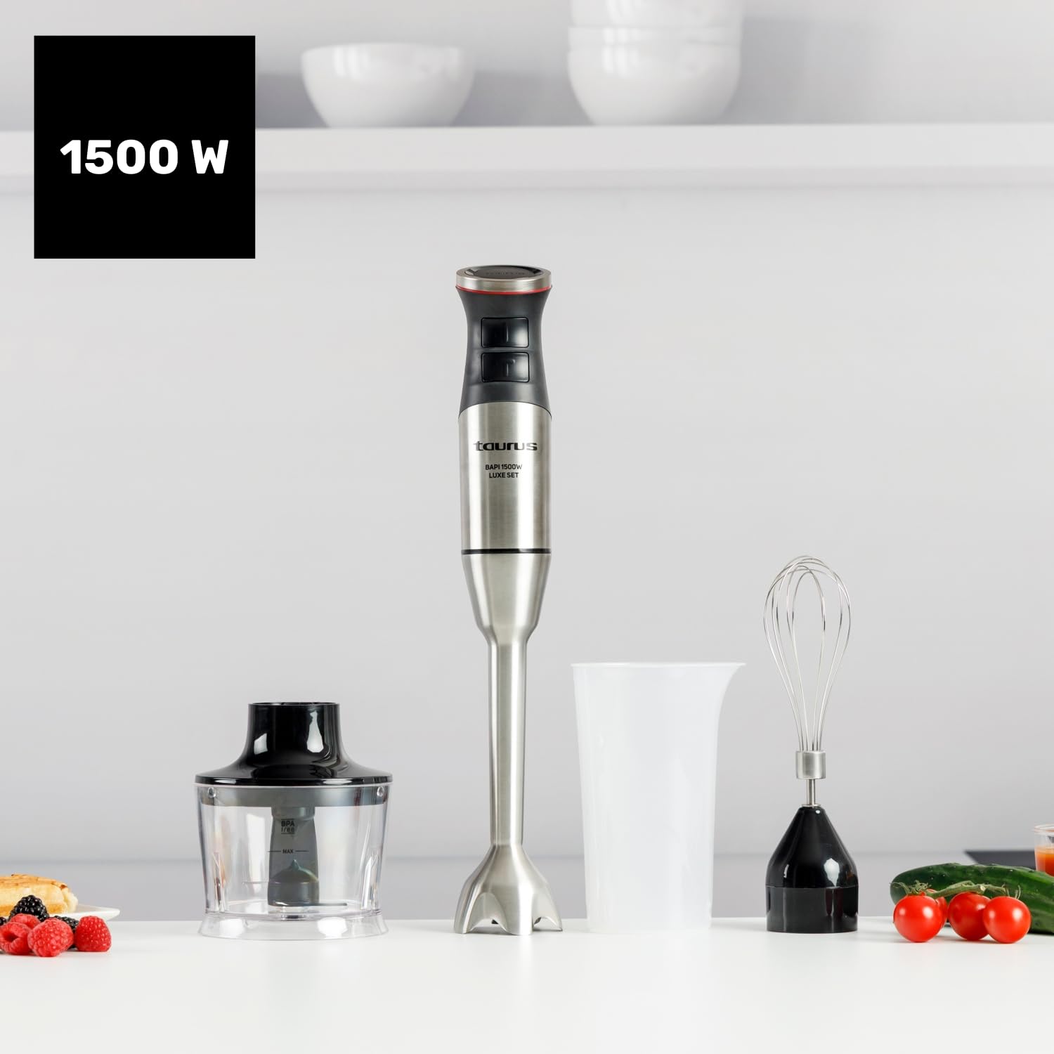 Taurus blender ręczny 1500 W, 20 stopni prędkości + Turbo, ostrza ze stali nierdzewnej, zegary zapobiegające rozpryskiwaniu, ergonomiczny, nie zawiera BPA, nadaje się do mycia w zmywarce, kruszarka do