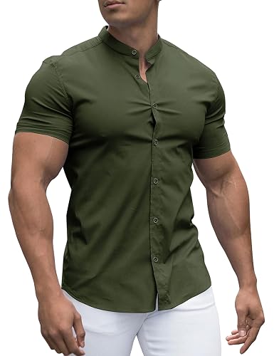 URRU Men's Muscle Dress Shirts Slim Fit Stretch Banded Collar Long&Short Sleeve Casual Button Down Shirt - Short Sleeve-army Green - Large