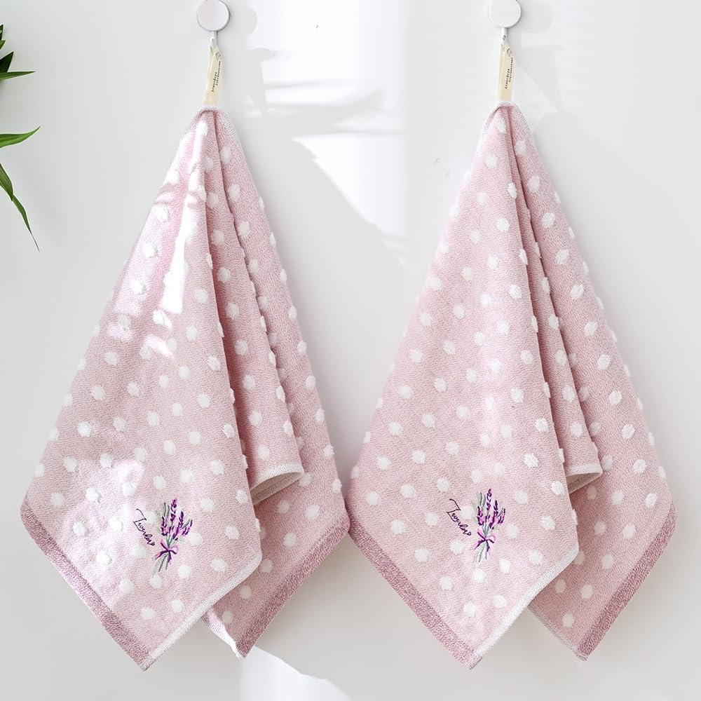 YiLUOMO Polka Dot Hand Towel Set of 2 Lavender Embroidered 100% Cotton Super Soft Highly Absorbent Decorative Hand Towels for Bathroom(13x 29 Inch, Lavender & White)