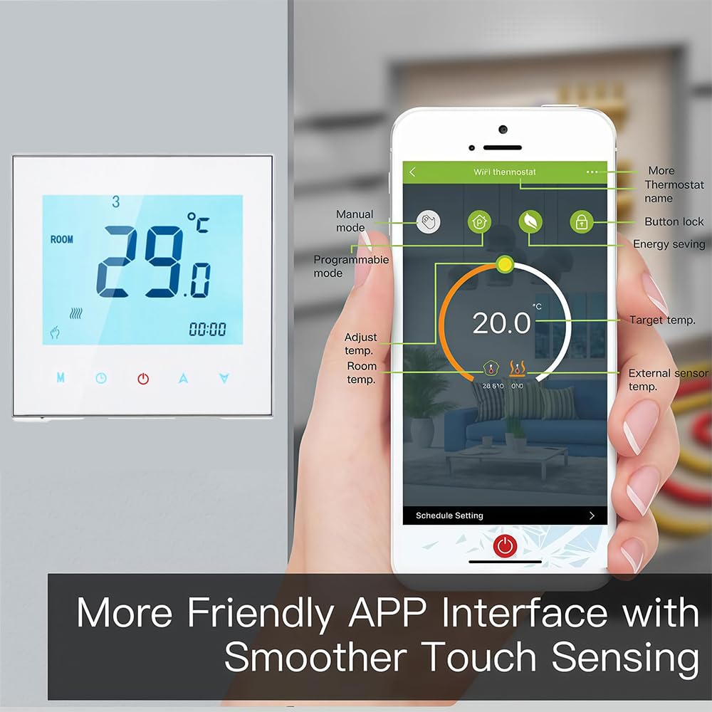 Wi-Fi Thermostat - Serie 1000 Termostato Touchscreen Programmabile per Riscaldamento ad Acqua/Elettricità/Caldaia/2 Tubi/4 Tubi di Raffreddamento Compatibile con Alexa, Google Home e IFTTT
