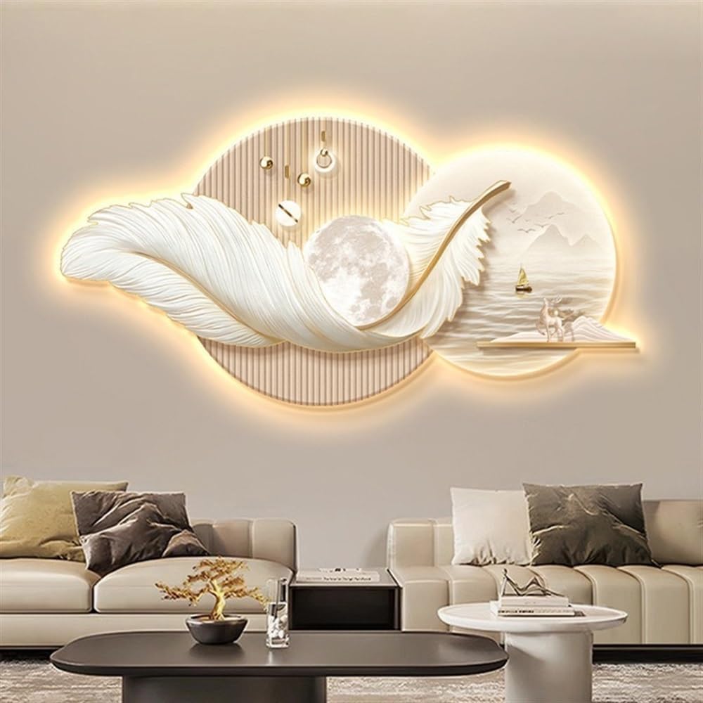 Suspension murale 3D en plumes et sculpture lumineuse LED