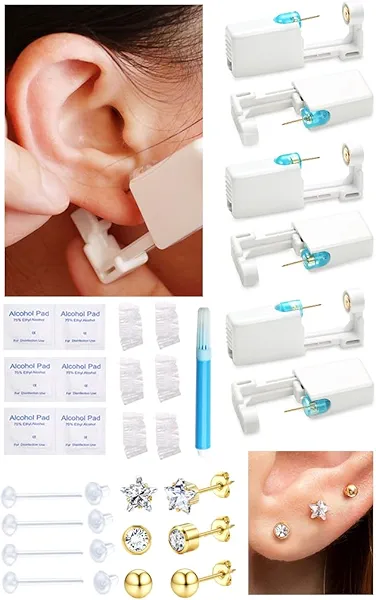 KRFY Ear Piercing Kit Sets, Disposable Stainless Steel Ear Piercing Gun with Preloaded Stud Earrings for Women, Self Pierce Studs Kit Tool, Flat Back Hoop Earrings Cartilage Jewelry Gold Plated/Silver