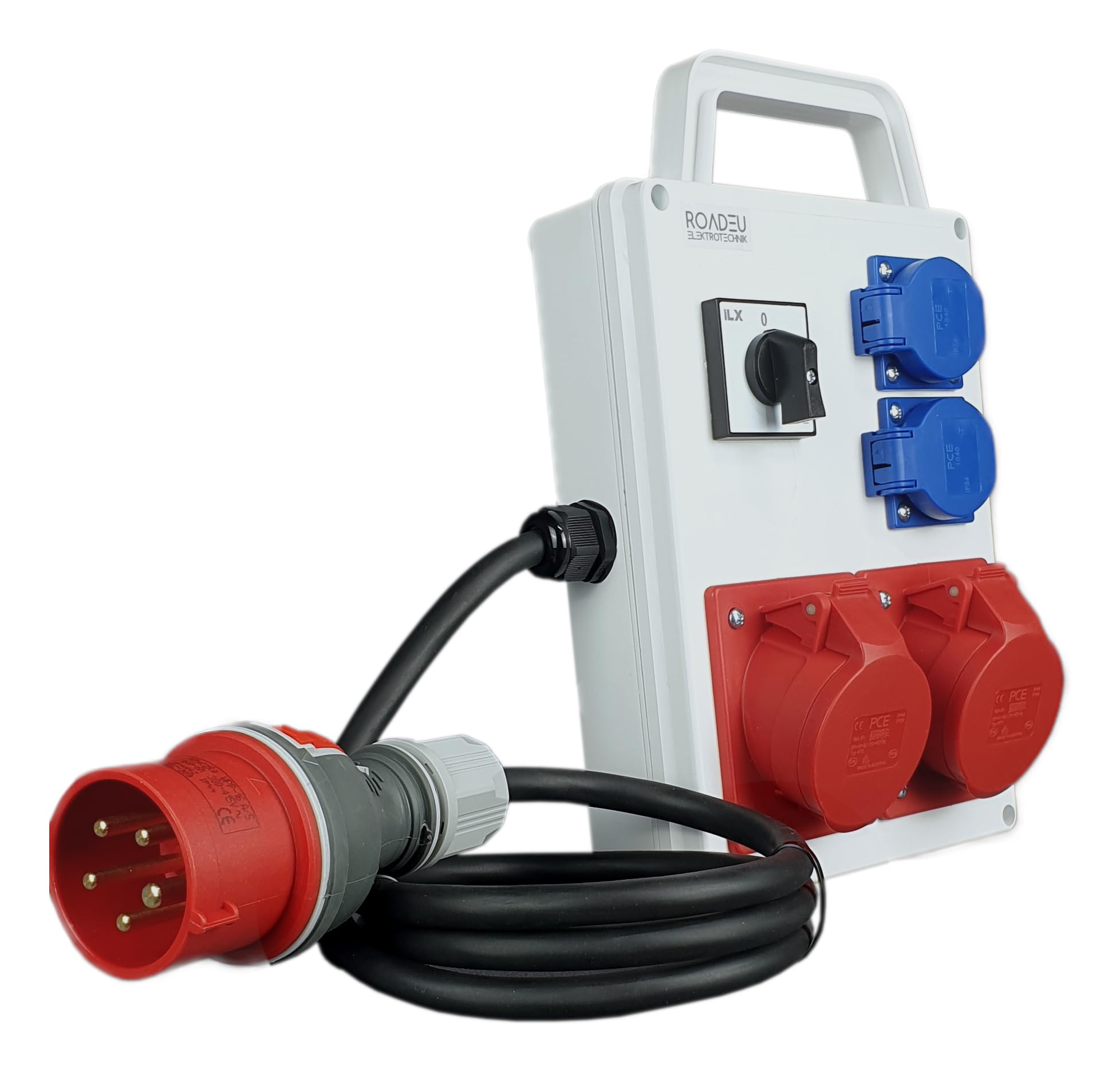 RoadEu - Portátil Distribuidor de corriente 16A con interruptor principal 0-1. 2x enchufes CEE 16A - con 2x enchufes Schuko de 230V. Regleta 1m. IP44 Ideal para Taller, Cobertizo y Fábricas