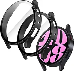 JETech Capa com Protetor de Tela para Samsung Galaxy Watch 6 40mm, Case Capinha Protetora Geral, Película de Vidro Temperado Embutida de Alta Sensibilidade, Pacote com 2 (Preta)