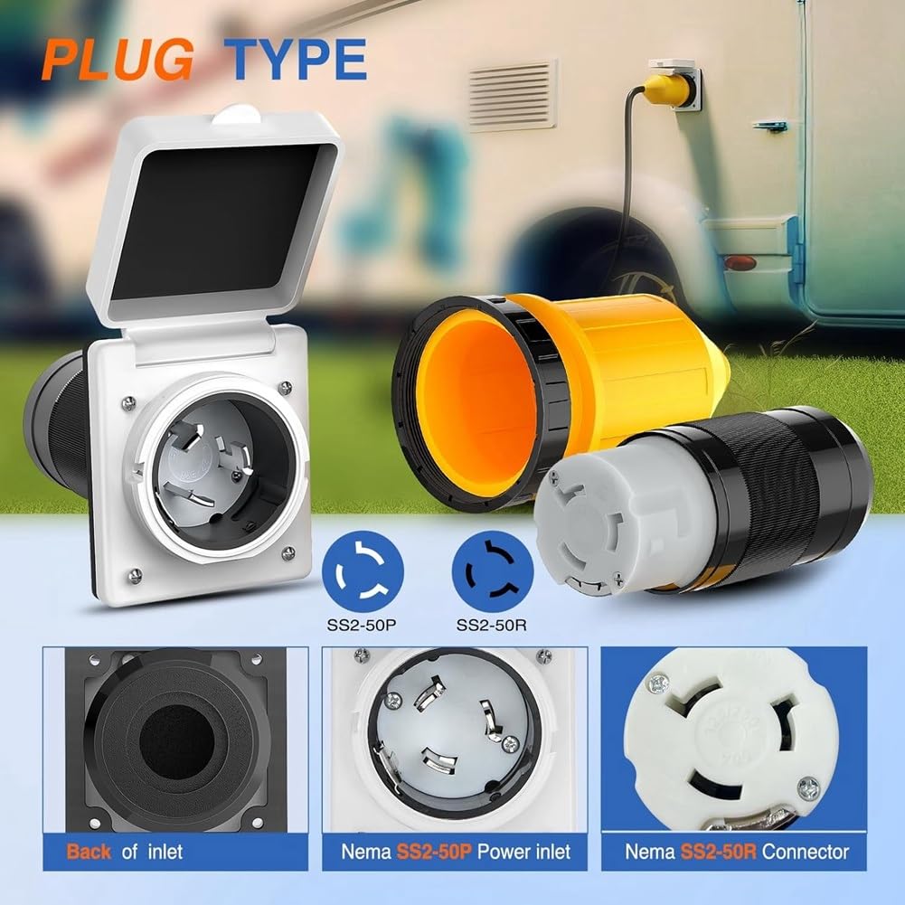 Kit Alimentación con Corriente para Vehículos Recreativos 50 Amperios con Protector Cable Arranque 125/250 V NEMA SS2-50P SS2-50R Bloqueo por Macho Hembra