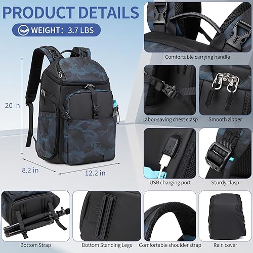 Miniatura 4 de Tuceng Camera Backpack DSLRSLRMirrorless Case Large Men&Women Photography Bag with Laptop Compartment&Tripod Holder (Blue)