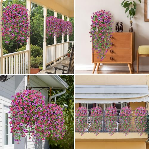 Image of Bassion Artificial Mums for Outdoor, 2 Pcs Fake Fall Hanging Flowers (Rose Red Purple) | Realistic fake silk flowers, UV resistant, faux plants, for outside home patio garden balcony yard front door porch decor