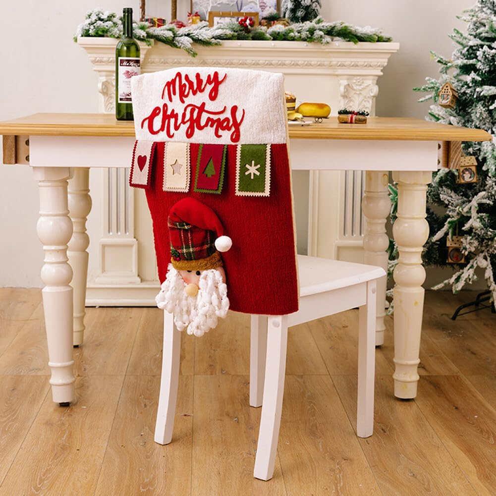 Christmas Chair Back Cover for Dining Chairs, 3 Pack Cute Santa Claus Snowman Elk Christmas Dining Chair Slipcover Holiday Decorations Xmas Indoor Decor Party Favor Supplies