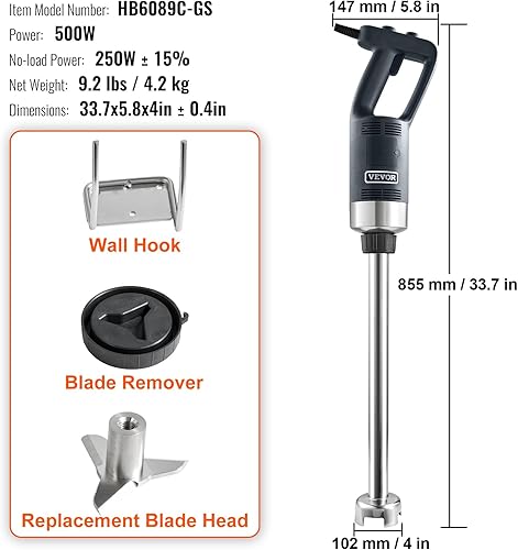 Miniatura 7 de VEVOR Batidora de inmersión comercial, batidora de mano resistente de 500 W, mezclador de barra de cocina de velocidad variable con hoja de acero