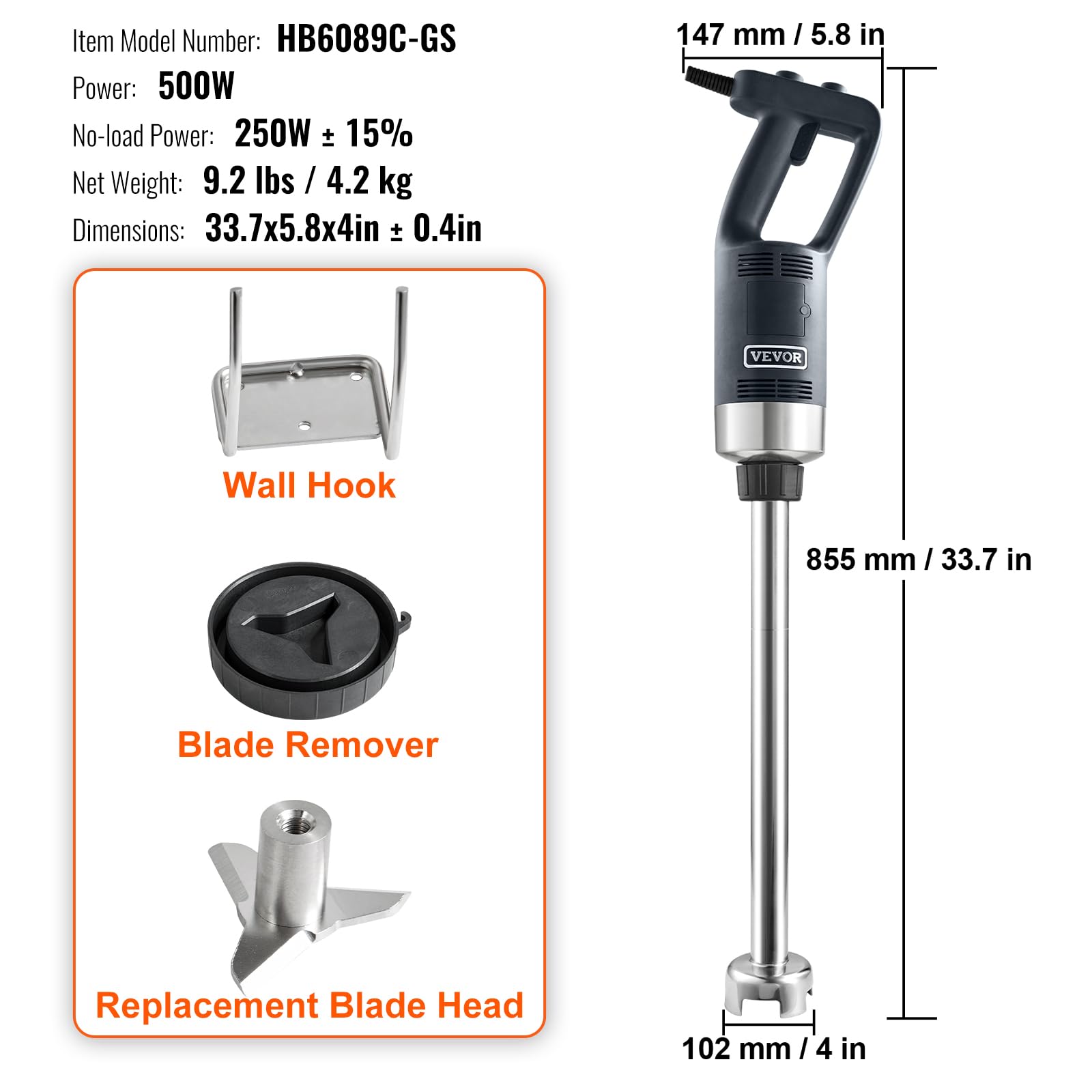 VEVOR Batidora de Mano 500 W 855 mm Licuadora de Inmersión Comercial de Alta Resistencia Velocidad Variable Hoja de Acero Inoxidable Batidora Portátil Versátil para Sopa Batido Puré Comida para Bebés