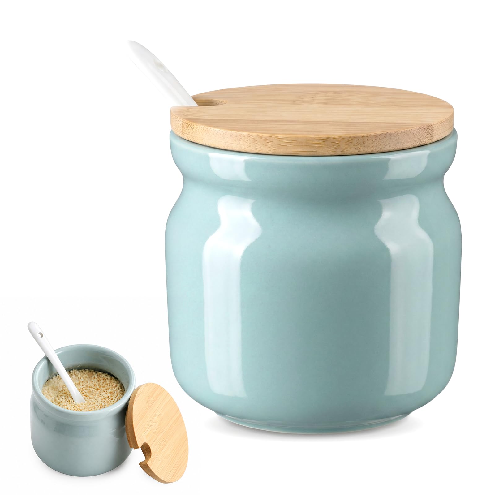 Merzio Ceramic Sugar Bowl, 300ml Seasoning Storage Jar Farmhouse Sugar Pot Salt Container with Lid and Spoon for Coffee Bar and Home Kitchen (Green)