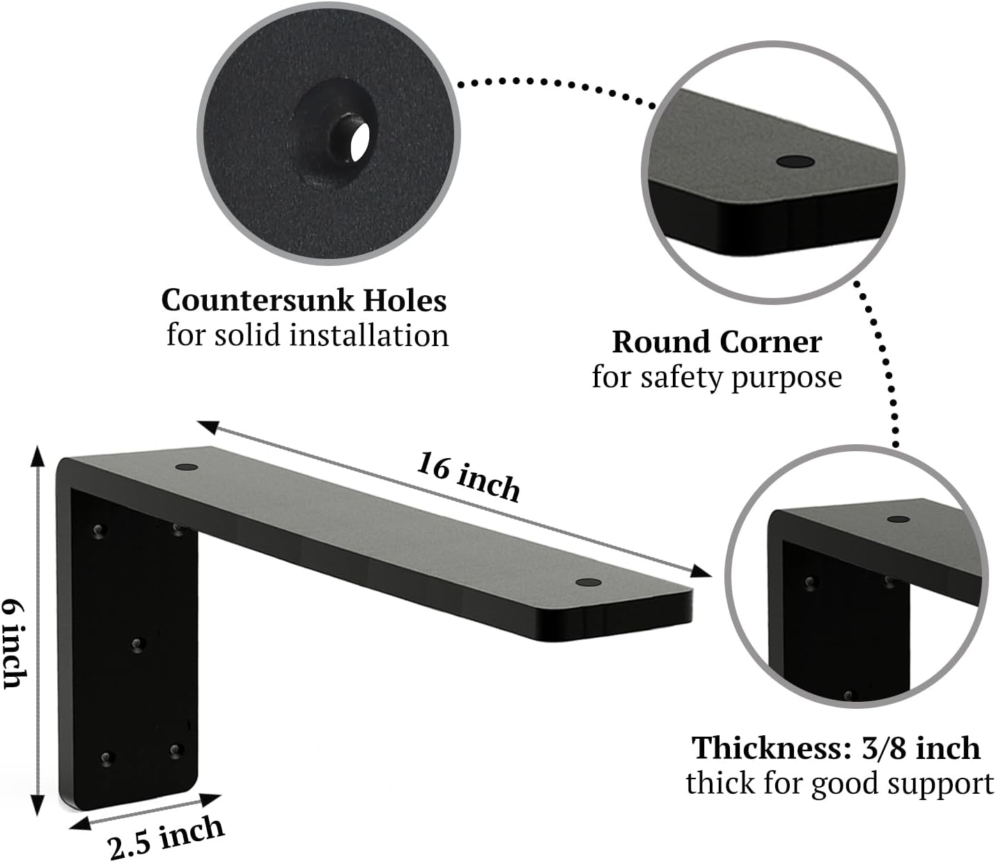 Countertop Support Bracket 16 Inch 3 Pack 3/8" Thick Heavy Duty Granite Support Bracket 16"x6"x2.5" L Shape Shelf Bracket Iron Metal Support Brackets for Granite Quartz Wood Laminate Countertops