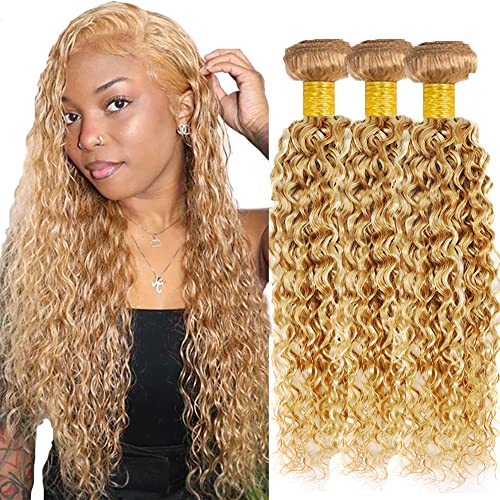 P27/613 Human Hair Bundles Honey Blonde Kinky Curly Bundle Mixed Long Length 3 Bundles 8A Unprocessed Brazilian Remy Hair Wet and Wavy Healthy Ends No Tangle Hair Extensions 24 26 28 inch