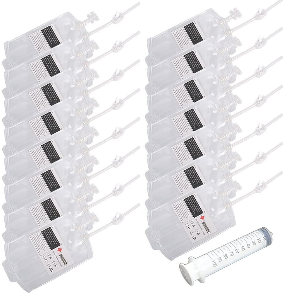 EVERGD 15PCS Halloween Blood Bag for Drinks Reusable Bag Container 350ml with 15 Clips, 15 Stickers, 1 Syringe for Halloween Party Favors Gadget