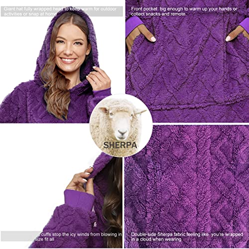 ililmmoe Sherpa tragbare Decke Übergroße Hoodie Sweatshirt TV Decke mit Langen Ärmeln und Tasche, Jacquard Tiefviolett – Ansicht 5