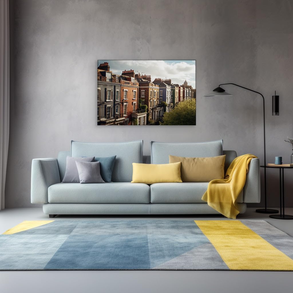 Canvas for Living room. A Stroll Through London's Kaleidoscope: Discovering the Vibrant Hues of a Neighborhood Charmed by Colorful Houses and Architectural Wonders, 27 x 18 inch Canvas Wall Art