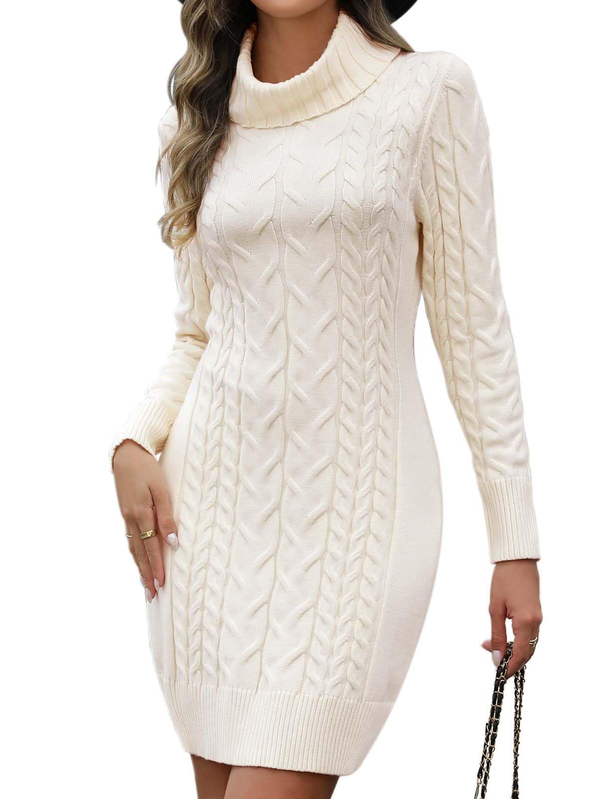 Robe Pull Femme Hiver Robe Chic et Elegant à Col Haut Tricoté Mi-Longue Robes Chaud à Manches Longues Elástique Pull Femme Slim Fit Couleur Unie Doux Automne Hiver