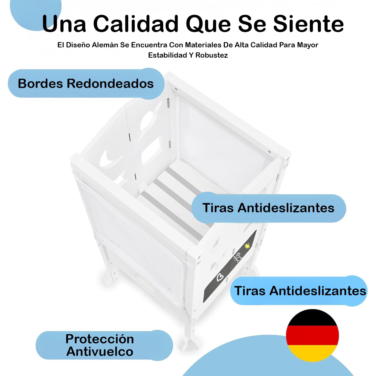Torre de Aprendizaje Desde 1 año – Torre Plegable con Red de Seguridad de 360° – Learning Tower Extremadamente Estable y Robusta – Entrega preensamblada con protección antivuelco (Blanco)