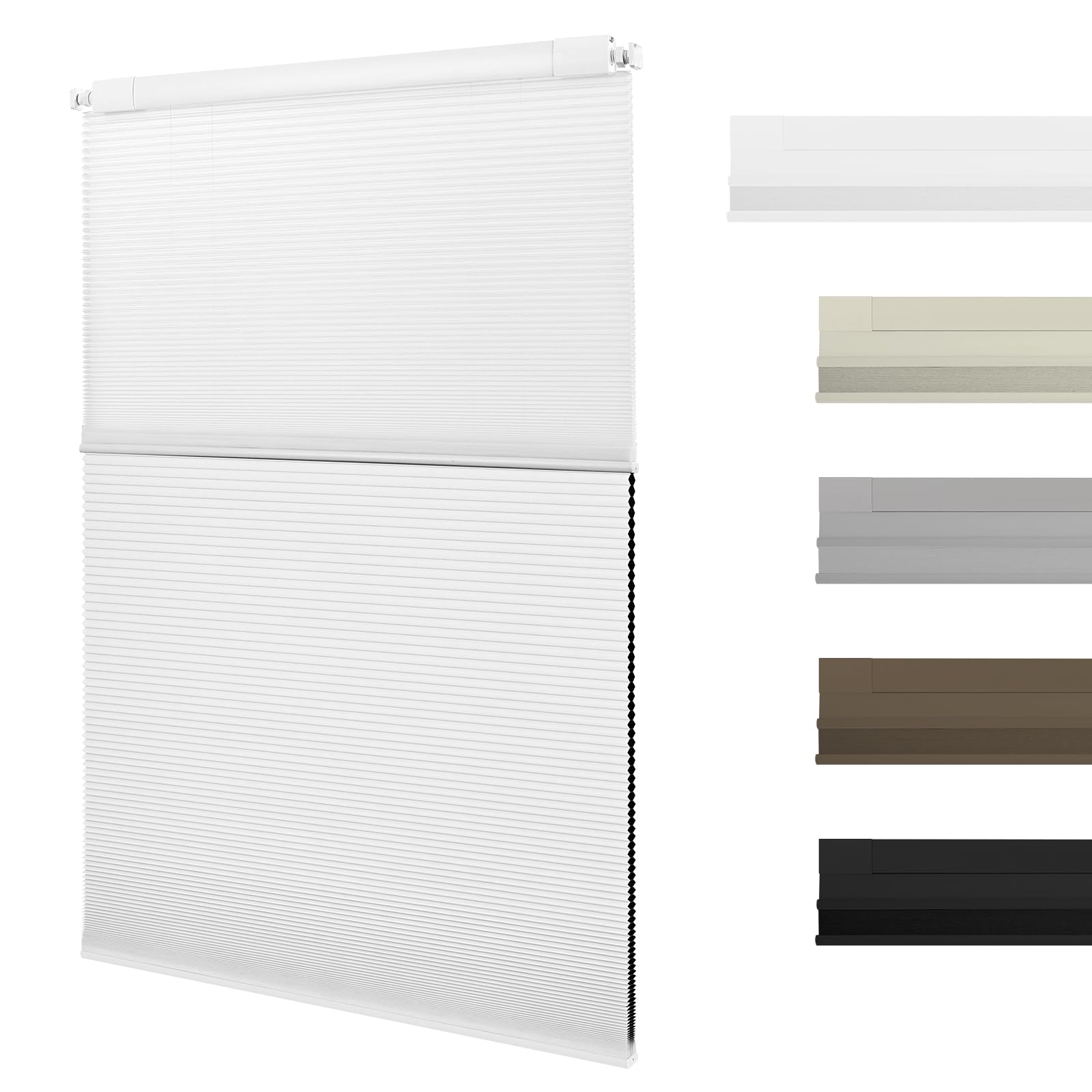 2-in-1 No Drill Day and Night Cellular Shades Cordless,Double Honeycomb Blinds,Blackout and Light Filtering Pleated Accordion Shades for Indoor Windows(White,110cm W x 180cm H)