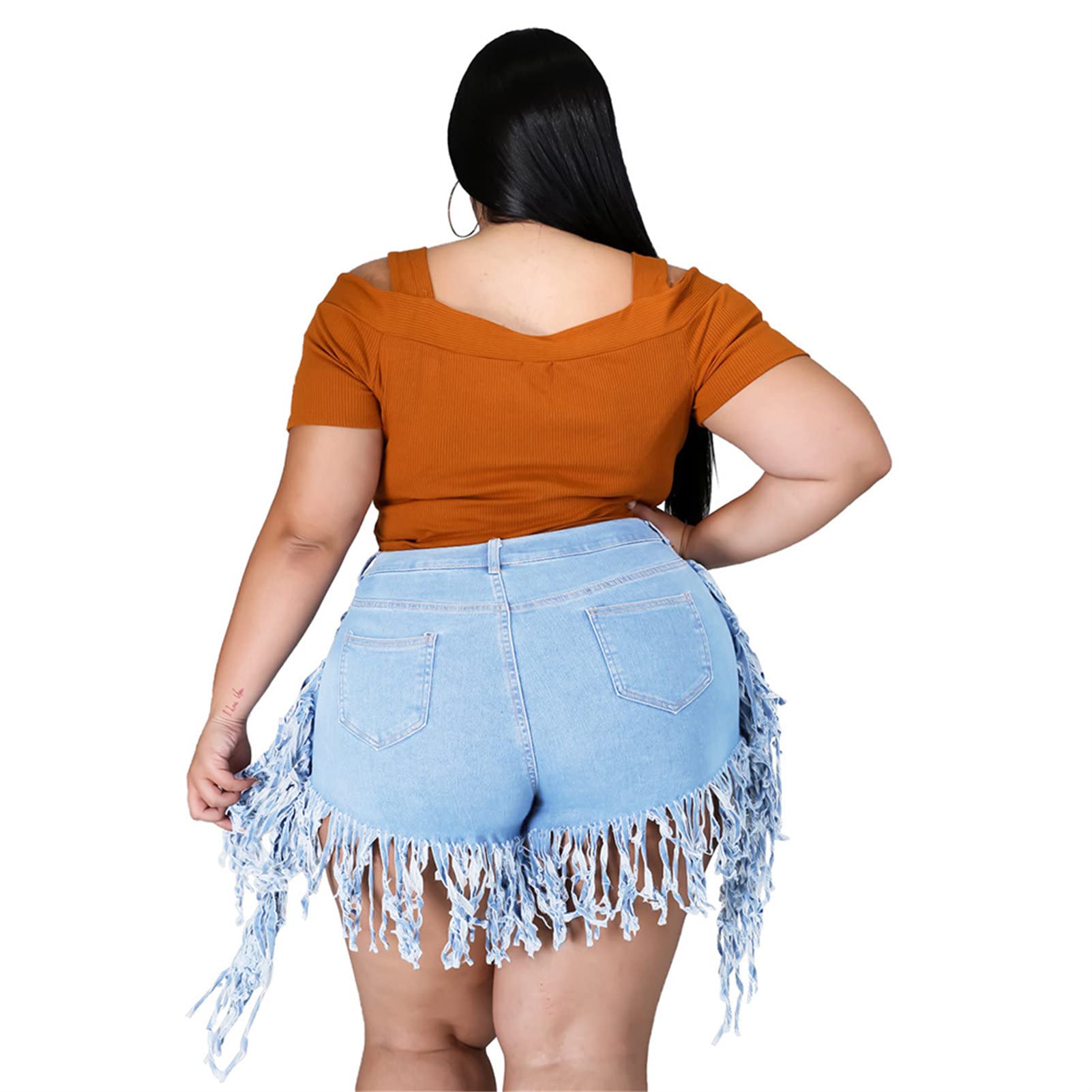 JEKE-DG Women's Plus Size Fringe Raw Hem Denim Shorts High Waisted Tassels Stretchy Hem Short Jeans Clubwear Jeans Short (4X-Large,Light Blue)