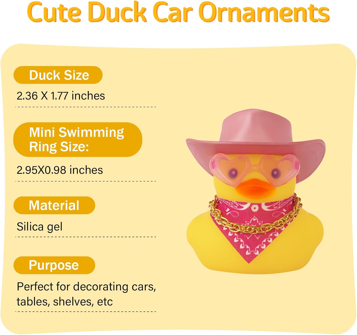 wonuu Car Rubber Cowboy Duck, Yellow Ducks Decoration Dashboard with Cowboy Hat Necklace Sunglasses, Glitter Pink