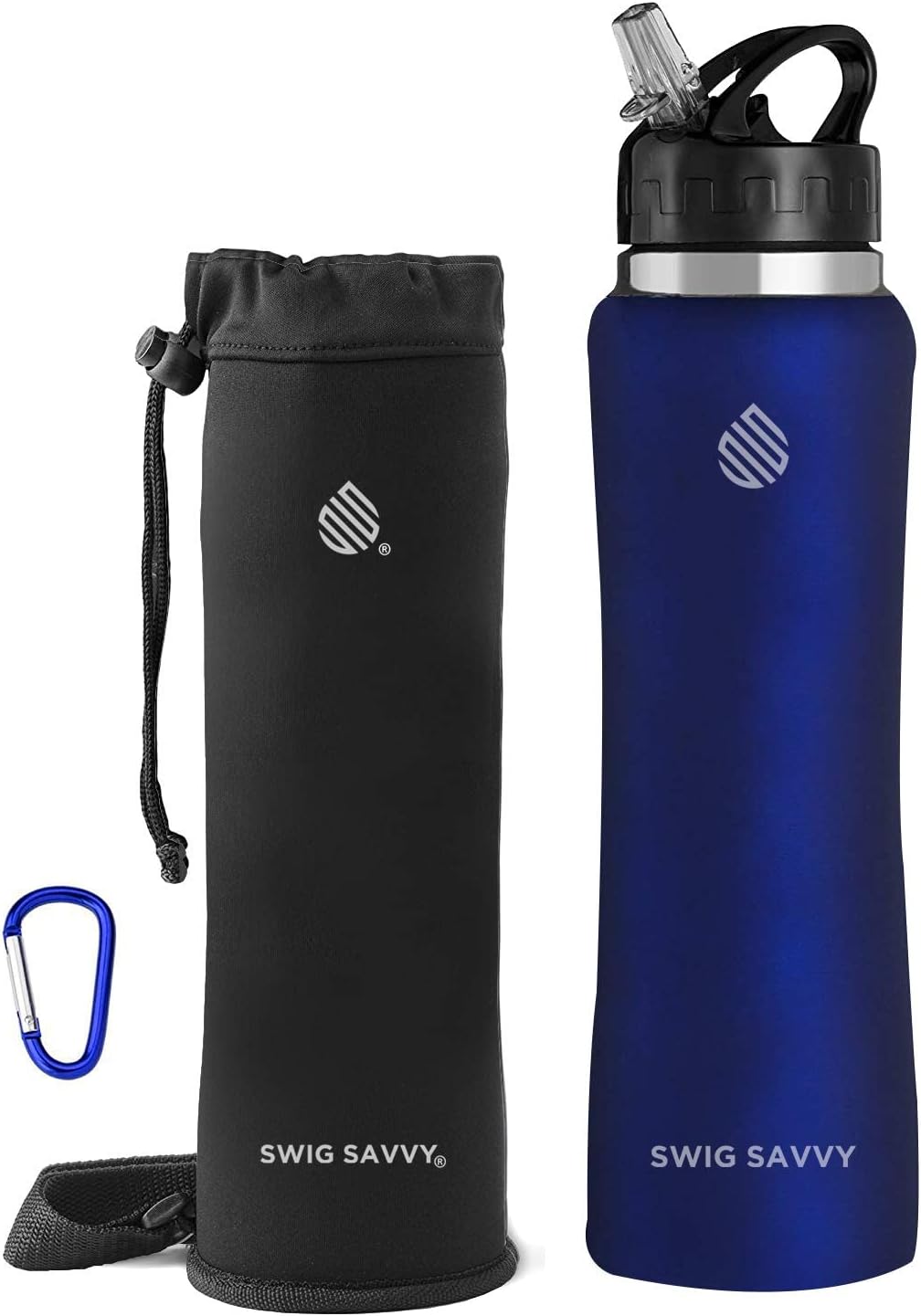 Swig Savvy Sports Water Bottle, Vacuum Insulated Stainless Steel, Straw Leakproof Lid, Storage Sleeve - 32oz (Blue)