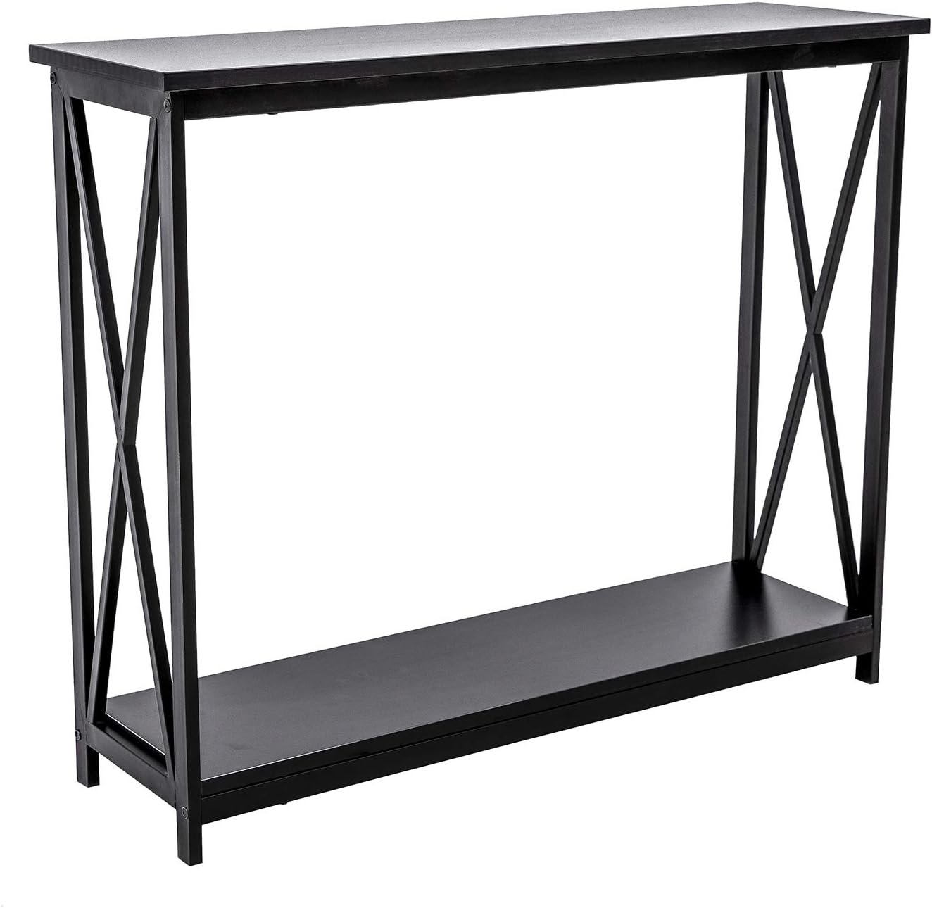 HOFOME Sofa Side Table, 2 Tier Console Table X-Design Entryway Hall Table with Storage, Long Narrow Accent Table for Living Room, Black