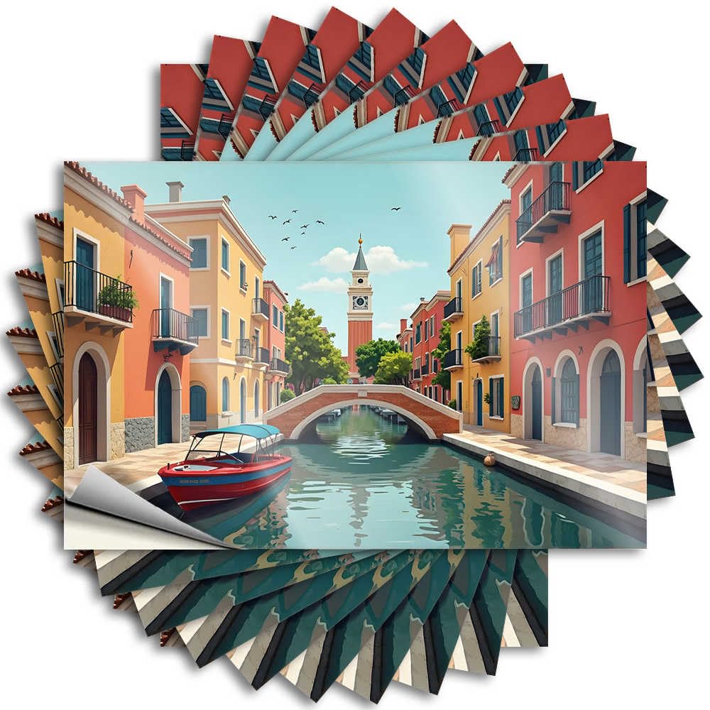 Farmhouse Porch Decor Decals - High Western Tumbler Colorful Canal with Boat and Tower in Background(12X18CM)