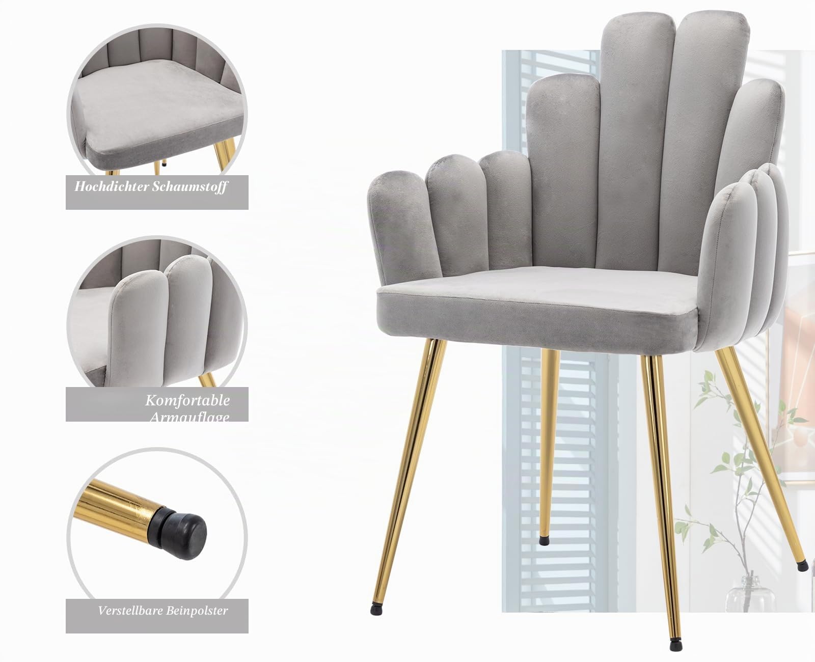 Ya-Home Esszimmerstühle 2er Set, Küchenstühle Samt, Muschel-Design, Grau