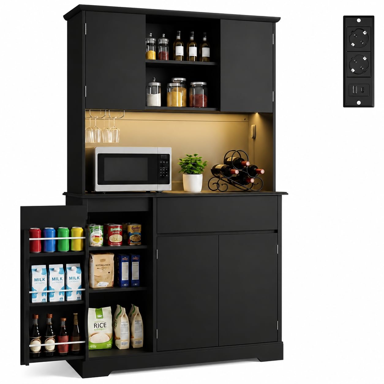 Xbro Kitchen Sideboard with 5 Doors, 107 x 40 x 172 cm, Black | 1 doors with balconies, 1 drawer, niche for microwave, LED, 2 sockets, USB and USB-C