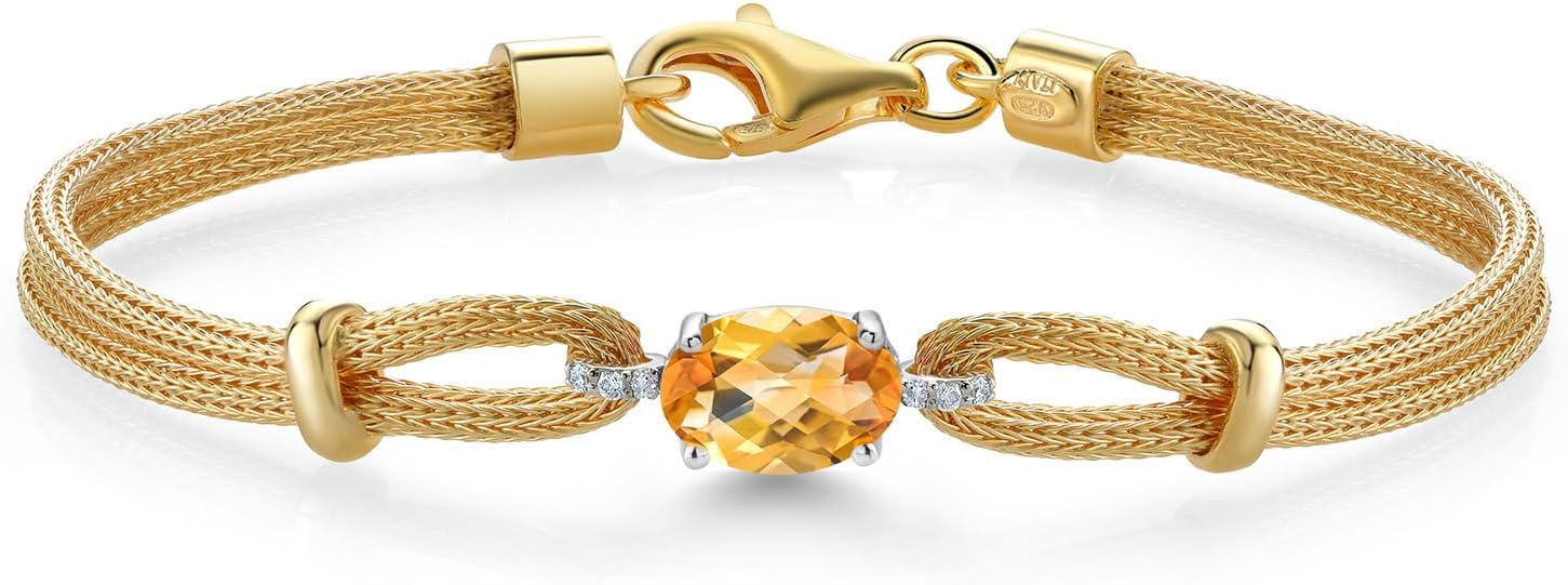 Gem Stone King 925 2 Tone Sterling Silver Yellow Citrine and White Lab Grown Diamond Bracelet For Women (1.29 Cttw, Gemstone November Birthstone, Oval Checkerboard 8X6MM, 6.5/7/7.5 Inches, Made In