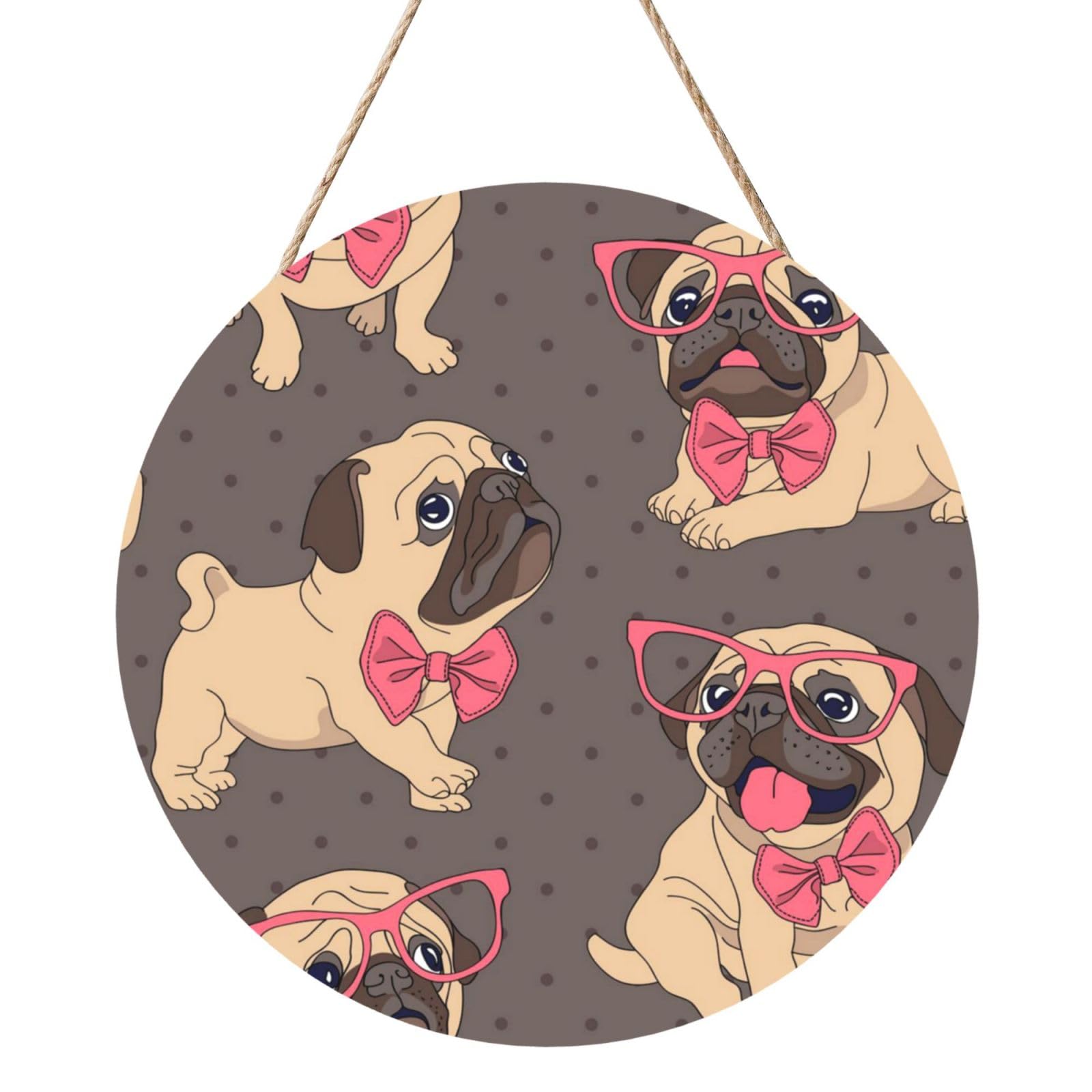 InOmak Cartoon Pug Puppy In A Glasses And In A Bow Tie, Round Wood Panel Painting 12 in, Wall Hanging Painting For Home