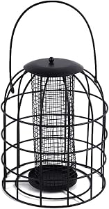 Squirrel Proof Bird Feeder Cage Bird Feeder Iron Cage Bird Feeder Metal Cage Mesh Tube Bird Food Dispenser Hanging Feeding Column for Wild Birds Outside (Black)
