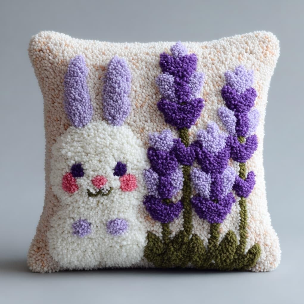 WallustrioaW Latch Hook Pillow Cover Kit,Lavender and Rabbit,Cross Stitch Cushion Covers Kits DIY Craft Needlework Latch Hook for Kids Adults,43x43cm