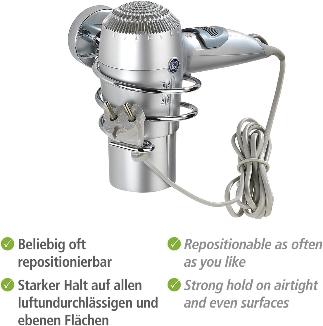 Hair dryer in holder, showing repositionable and strong hold features