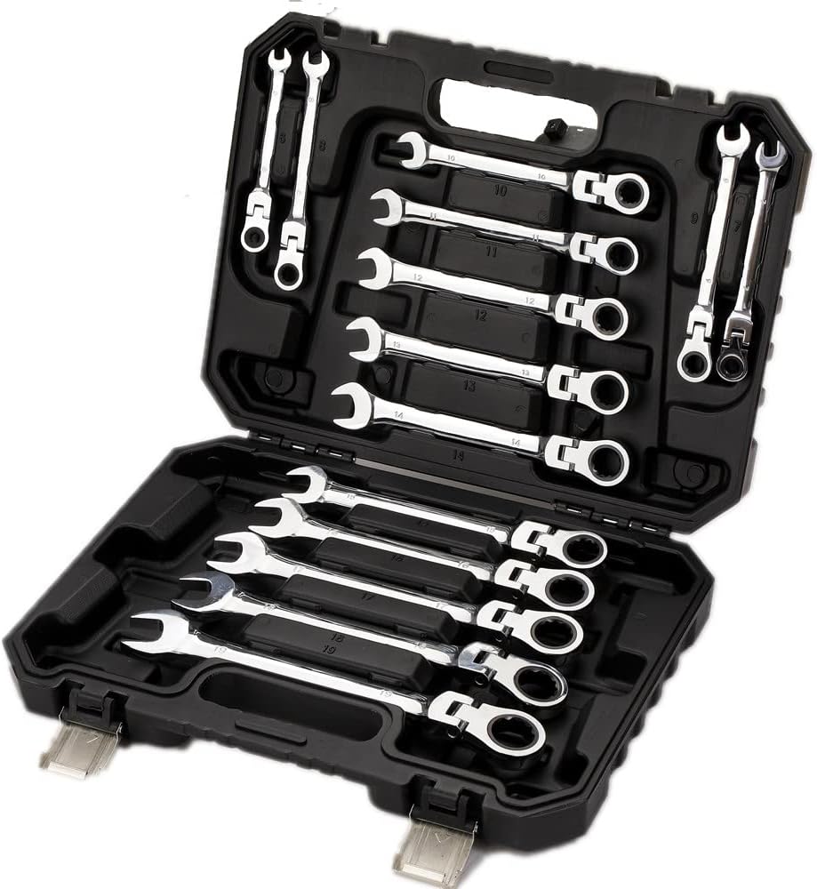 FLZOSPER 14-Piece Flexible Head Ratcheting Wrench Set，Metric Combination Spanner Kit, 6-19mm Chrome Vanadium Steel Ratchet Wrench Set with Portable Suspended Toolbox