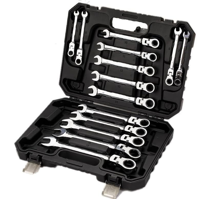 FLZOSPER Kit de Chaves Combinadas com Catraca e Cabeça Flexível, 6 a 19 mm, Aço-Liga, 14 Peças