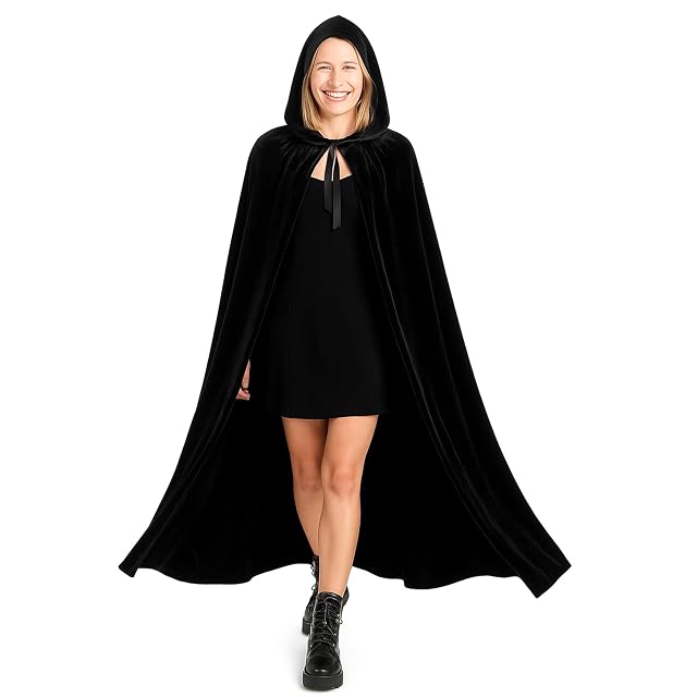 Various Capa Negra con Capucha Terciopelo Disfraz de Vampiro Halloween y Carnaval,Capa Disfraz Adulto para Mujer y Hombre, 170cm